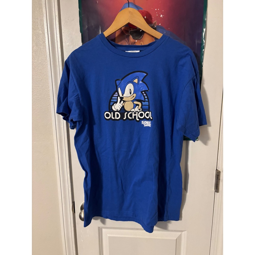Sonic the Hedgehog Old School Graphic Tee Blue Sega Mens Large Top Heavy T-Shirt